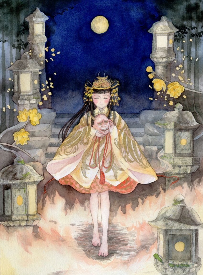 1girl barefoot black_hair blush closed_eyes flower full_body full_moon headpiece highres long_hair mask mask_removed moon night original outdoors painting_(medium) selen_ter solo stairs standing stone_lantern traditional_media very_long_hair watercolor_(medium) wide_sleeves yellow_flower yellow_headwear