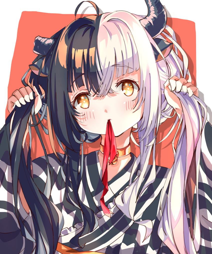 1girl absurdres ahoge animal_ears bangs bell black_hair black_horns black_kimono blush bunching_hair c4_art closed_mouth commentary cow_ears cow_girl cow_horns english_commentary hair_intakes highres horns indie_virtual_youtuber japanese_clothes jingle_bell kimono long_hair looking_at_viewer makino_shiro multicolored_hair neck_bell orange_background solo split-color_hair twintails two-tone_background two-tone_hair two-tone_kimono upper_body virtual_youtuber white_background white_hair white_kimono yellow_eyes