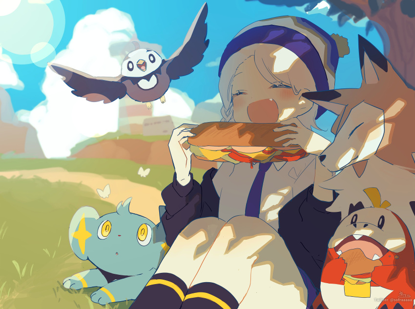 1girl :d :o ^_^ absurdres beanie black_jacket black_socks blue_headwear blue_shorts blue_sky blush braid closed_eyes clouds collared_shirt day fang feet_out_of_frame food fuecoco grass grey_hair hat highres holding holding_food jacket knees_up lighthouse long_sleeves lycanroc lycanroc_(midday) necktie off_shoulder open_clothes open_jacket outdoors parted_lips pokemon pokemon_(game) pokemon_sv puffy_long_sleeves puffy_sleeves purple_necktie sandwich shinx shirt short_shorts shorts signature sitting sky smile socks sofra starly twitter_username white_shirt