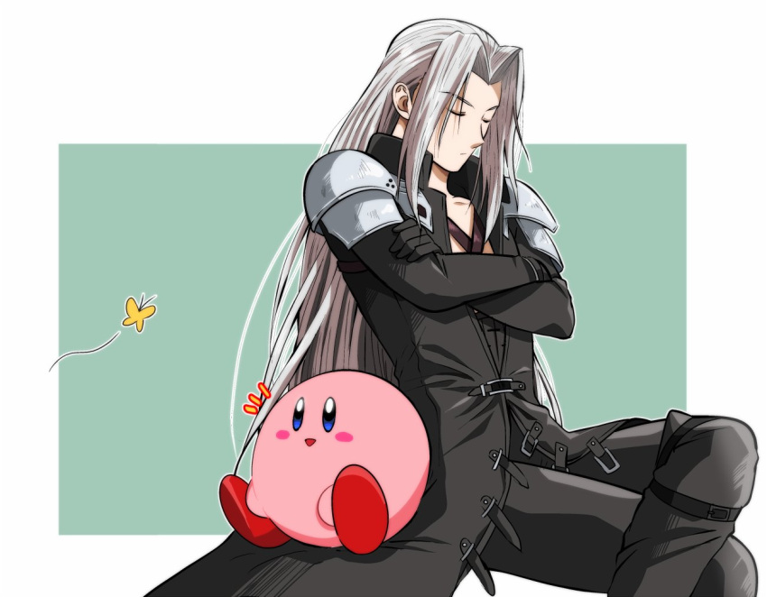 2boys armor bangs black_jacket black_pants blue_eyes blush border bug butterfly chest_strap closed_eyes crossed_arms crossed_legs feet_out_of_frame final_fantasy final_fantasy_vii full_body green_background grey_hair jacket kasenkasen5 kirby kirby_(series) long_bangs long_hair long_jacket long_sleeves male_focus multiple_boys open_mouth pants parted_bangs red_footwear sephiroth shoulder_armor sitting smile super_smash_bros.