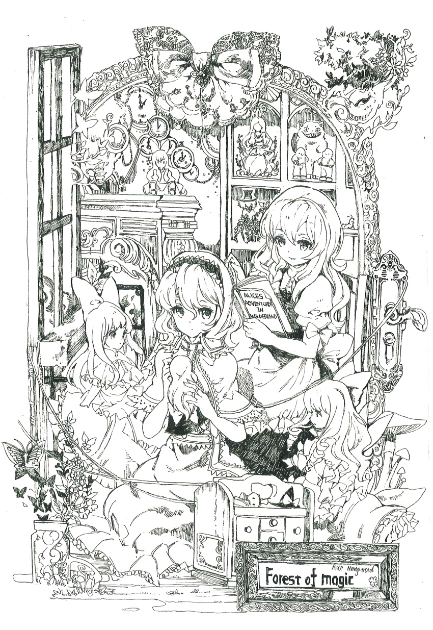 2girls absurdres alice_in_wonderland alice_margatroid book bug butterfly clock english_text flower highres hourai_doll kirisame_marisa lan_chuan_huo_dao loaded_interior monochrome multiple_girls non-web_source shanghai_doll shelf sitting traditional_media