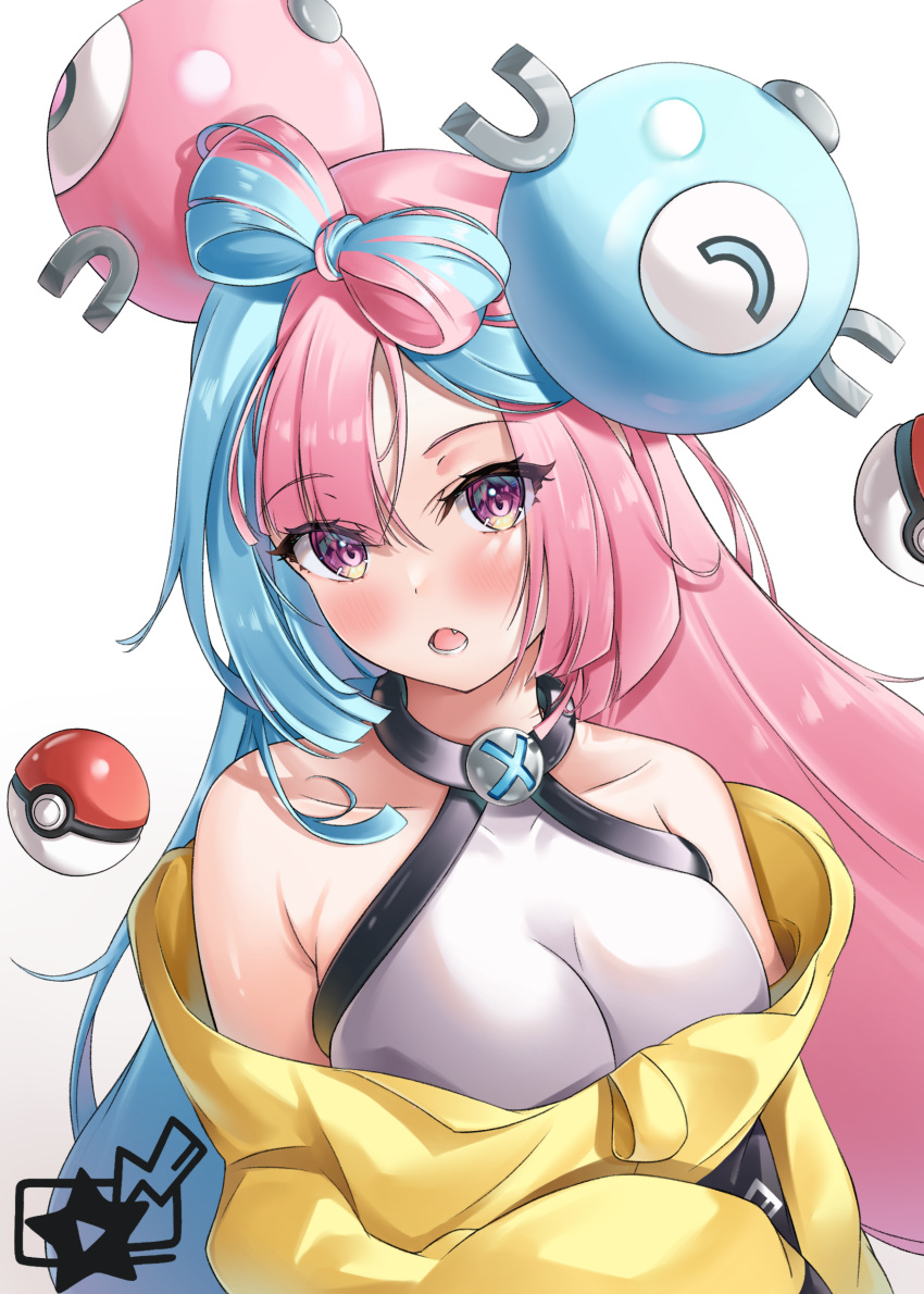 1girl :o absurdres bangs bare_shoulders black_jacket blue_hair bow-shaped_hair breasts character_hair_ornament collarbone fang gradient gradient_background grey_shirt hair_ornament highres iono_(pokemon) jacket large_breasts light_blue_hair logo long_sleeves looking_at_viewer lower_teeth magnemite multicolored_clothes multicolored_hair multicolored_jacket nekoya_minamo open_mouth oversized_clothes pink_eyes pink_hair poke_ball poke_ball_(basic) pokemon pokemon_(game) pokemon_sv shirt sleeveless sleeveless_shirt sleeves_past_fingers sleeves_past_wrists solo split-color_hair teeth two-tone_hair two-tone_jacket very_long_sleeves white_background wide_sleeves x yellow_jacket