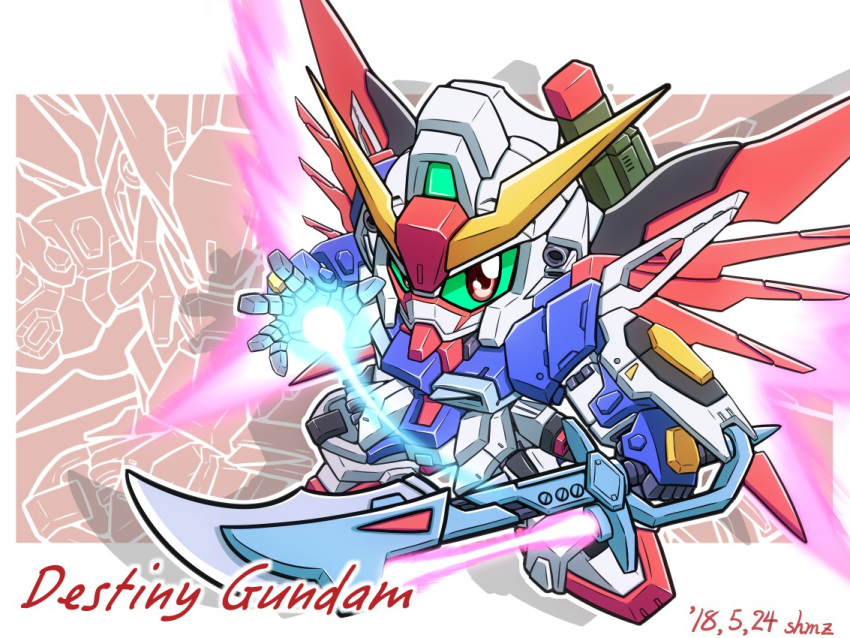 artist_name character_name chibi colored_sclera commentary dated destiny_gundam energy_sword energy_wings english_text green_sclera gundam gundam_seed gundam_seed_destiny holding holding_sword holding_weapon looking_at_viewer mecha no_humans red_eyes robot sd_gundam shokkaa_(shmz61312) solo sword v-fin weapon