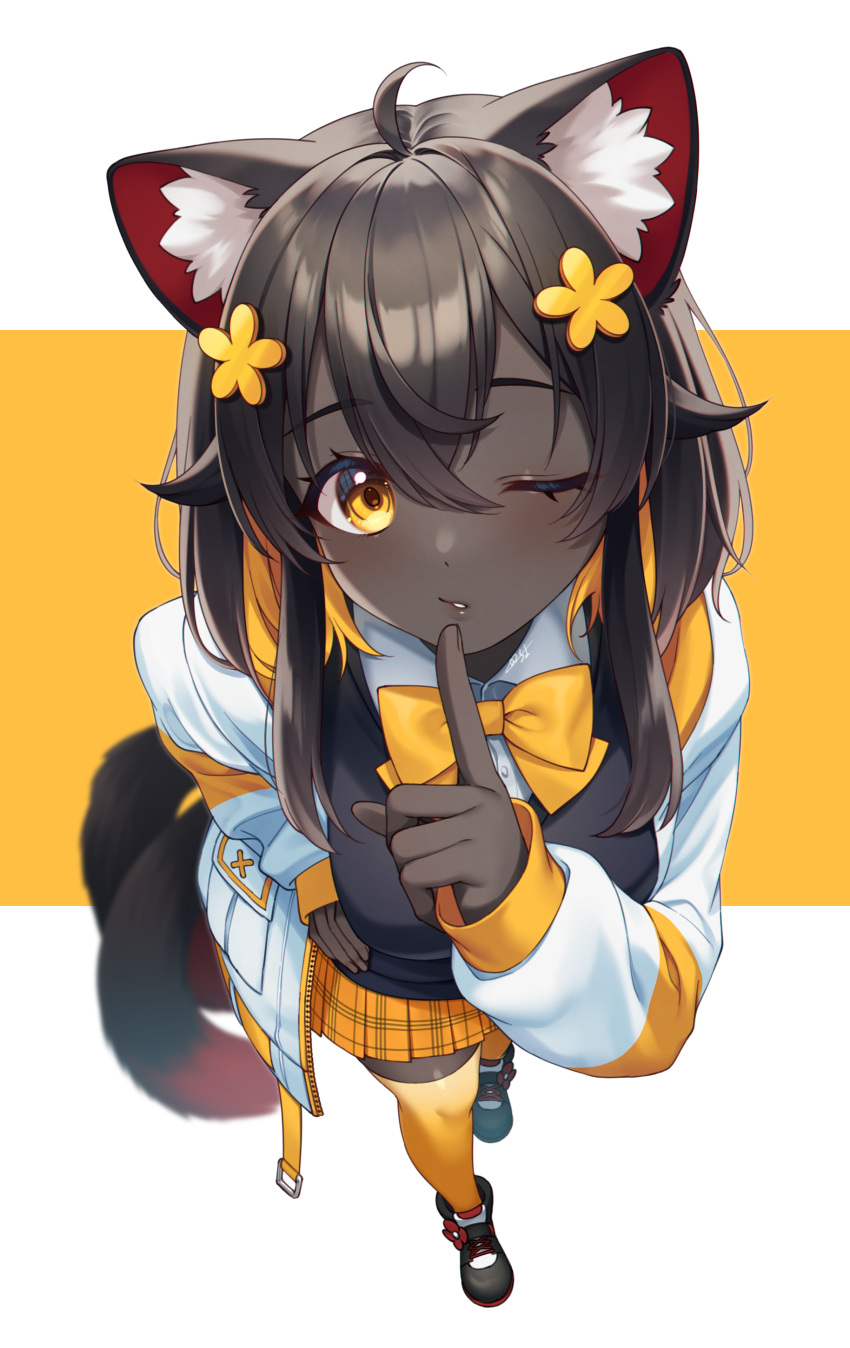 1girl absurdres animal_ear_fluff animal_ears bangs black_footwear black_hair bow breasts cat_ears collared_shirt commentary dark_skin dress_shirt finger_to_mouth flower hair_between_eyes hair_flower hair_ornament hand_on_hip hand_up highres index_finger_raised indie_virtual_youtuber jacket long_sleeves medium_breasts open_clothes open_jacket orange_skirt over-kneehighs plaid plaid_skirt pleated_skirt puffy_long_sleeves puffy_sleeves sakura_chiyo_(konachi000) sakuraba_chiyo shirt shoes shushing skirt solo sweater_vest tail thigh-highs two-tone_background very_dark_skin virtual_youtuber white_background white_jacket white_shirt yellow_background yellow_bow yellow_eyes yellow_flower yellow_thighhighs