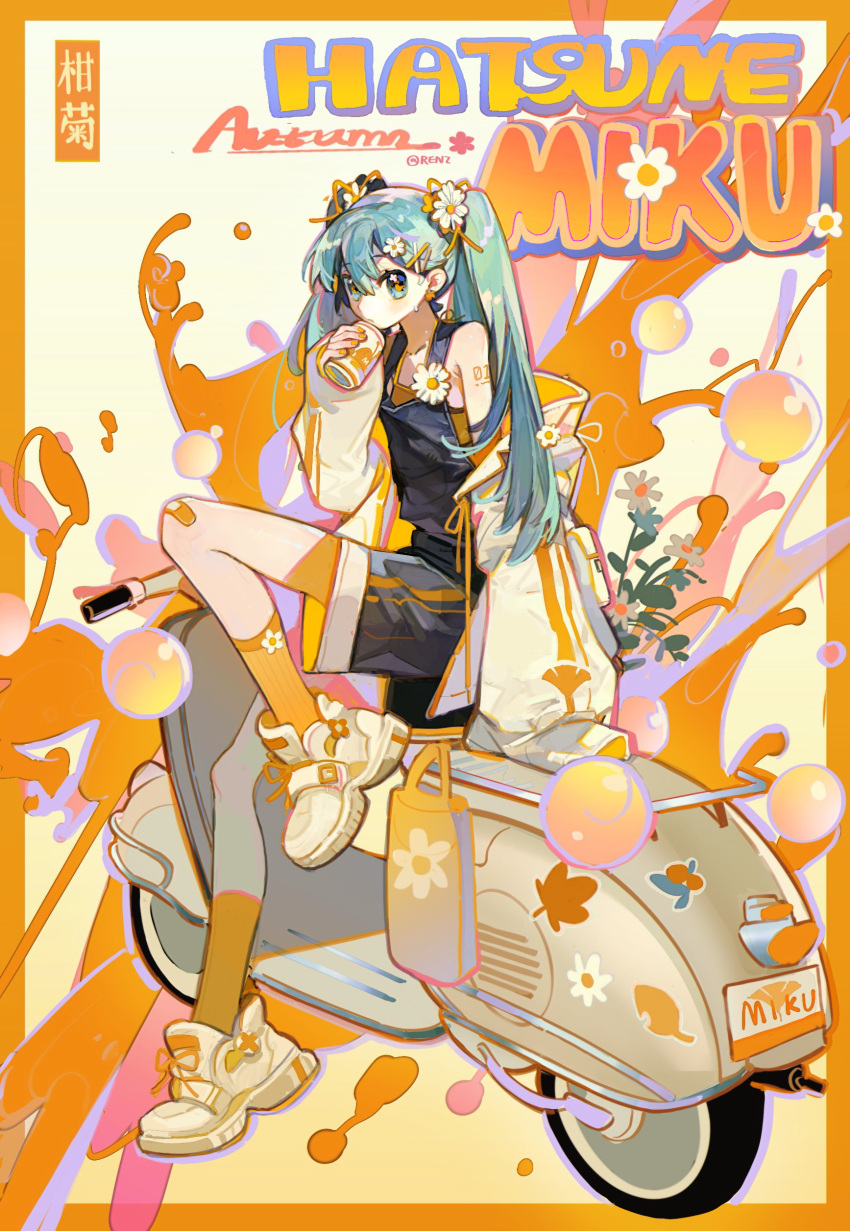 1girl absurdres aqua_eyes aqua_hair bubble can crop_top english_text flower ground_vehicle hair_flower hair_ornament hair_ribbon hairclip hatsune_miku highres jacket liquid long_hair long_sleeves looking_at_viewer motor_vehicle open_clothes open_jacket overalls renzhi00334233 ribbon scooter sitting soda_can solo twintails very_long_hair vocaloid