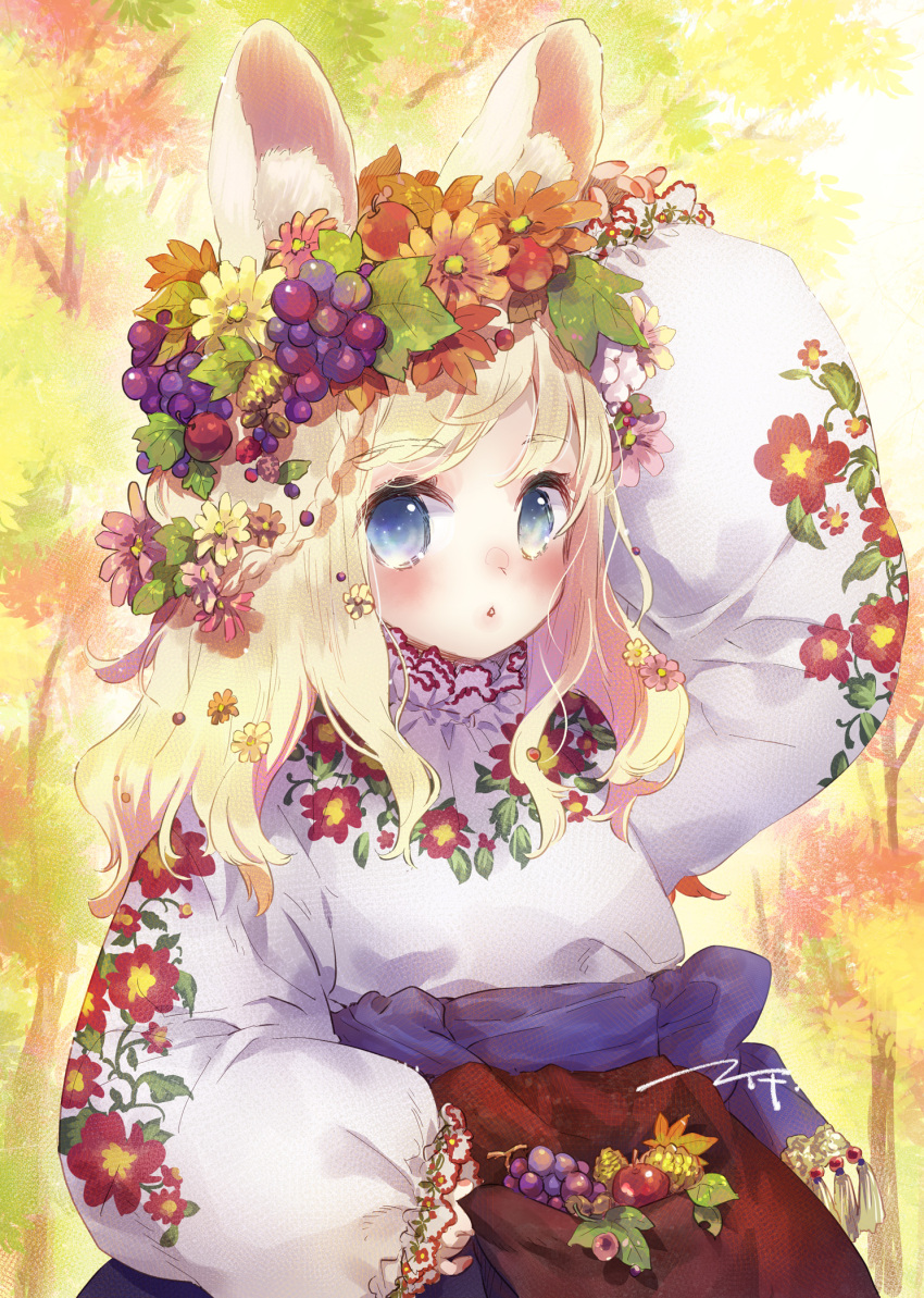 1girl :o animal_ear_fluff animal_ears apron arm_up bangs blonde_hair blue_eyes brown_flower commentary_request ech flower food fruit grapes highres long_hair long_sleeves looking_at_viewer original parted_lips puffy_long_sleeves puffy_sleeves purple_flower purple_skirt red_apron shirt skirt solo tree white_shirt yellow_flower
