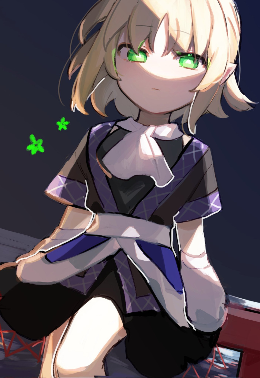 1girl arm_warmers bangs black_shirt black_skirt blonde_hair brown_shirt closed_mouth commentary_request dutch_angle expressionless feet_out_of_frame green_eyes highres looking_at_viewer mizuhashi_parsee nemachi pointy_ears railing scarf shirt short_hair short_sleeves skirt solo touhou undershirt white_scarf