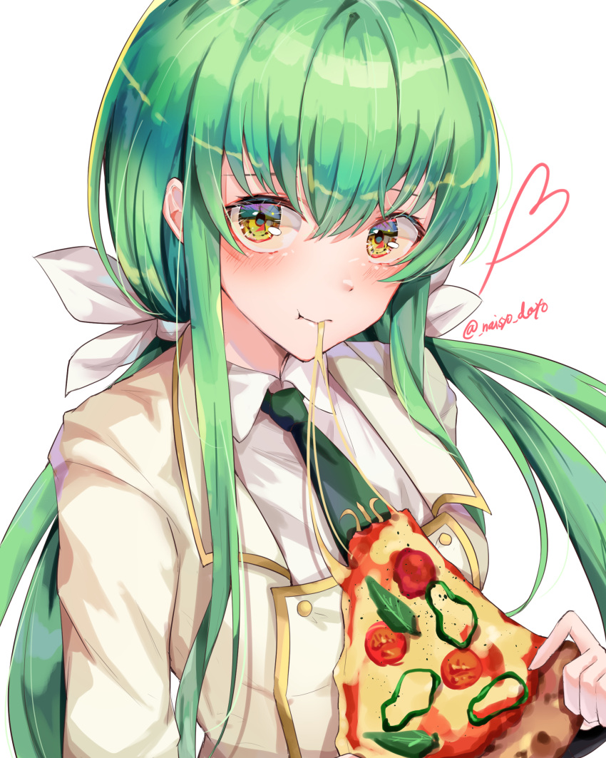 1girl :t absurdres ashford_academy_uniform bangs bow c.c. cheese_trail code_geass collared_shirt eating eyebrows_hidden_by_hair floating_hair food green_hair green_necktie hair_between_eyes hair_bow highres jacket long_hair looking_at_viewer low_twintails necktie pizza pizza_slice shiny shiny_hair shirt solo twintails twitter_username upper_body white_background white_bow white_jacket white_shirt wing_collar yellow_eyes yuunamida_uyu