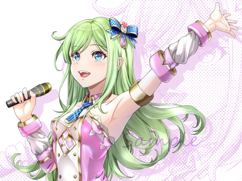 1girl arm_up armlet armpits blue_bow blue_necktie bow collarbone detached_sleeves floating_hair green_hair hair_bow highres holding holding_microphone idol long_hair long_sleeves microphone necktie original sample_watermark shiny shiny_hair shirosai_nekocha short_necktie solo straight_hair upper_body white_sleeves wing_collar