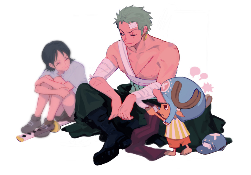 2boys antlers bandages bandaid bandaid_on_face bandaid_on_forehead earrings full_body hat highres jewelry kuina looking_at_another multiple_boys one_piece roronoa_zoro scar scar_on_chest scar_on_face shirt shorts sitting smile sword tony_tony_chopper topless_male towne weapon white_background