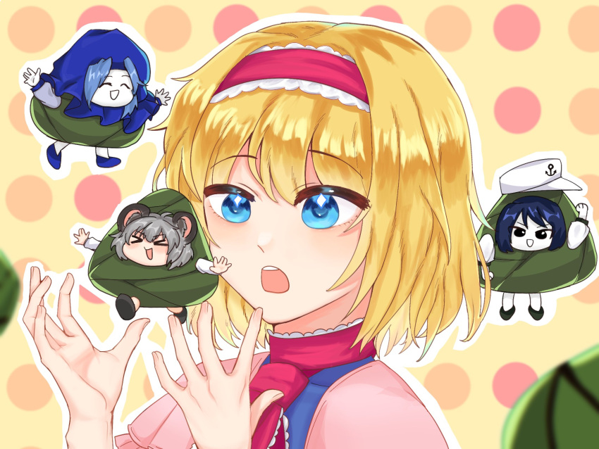 &gt;_&lt; 4girls :d akaakaakaakashio alice_margatroid anchor_symbol animal_ears bangs black_eyes black_hair blonde_hair blue_eyes blue_footwear blue_hood blush capelet chibi chinese_commentary closed_eyes colored_skin commentary_request cookie_(touhou) flour_(cookie) frilled_hairband frills grey_hair hairband hat highres hood hood_up ichigo_(cookie) kumoi_ichirin milk_(cookie) mouse_ears mouse_girl multiple_girls murasa_minamitsu nazrin necktie nyon_(cookie) open_mouth pink_capelet red_hairband red_necktie sailor_hat short_hair smile touhou upper_body white_headwear white_skin