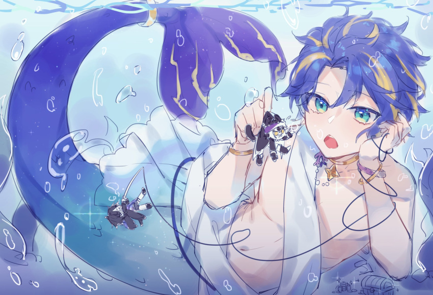 &gt;_&lt; 3boys air_bubble animal_ears aqua_eyes astel_leda black_coat black_footwear black_hair black_jacket blonde_hair blue_hair bracelet bubble chestnut_mouth chibi coat coral curtained_hair fishing_rod full_body gold_choker hair_between_eyes head_rest headband highres holding holding_fishing_rod holostars jackal_ears jacket jewelry kageyama_shien kanade_izuru looking_at_another male_focus merman monster_boy multicolored_hair multiple_boys open_mouth pendant_choker purple_shirt scarf scowl shirt short_hair shorts teeth topless_male treasure_chest tsukonin_p two-tone_hair underwater upper_teeth virtual_youtuber white_hair white_scarf yellow_eyes