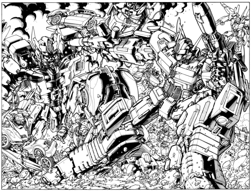 arm_cannon autobot bumblebee_(transformers) cable clenched_hand cliffjumper decepticon don_allan_figueroa dual_wielding english_commentary fighting flying greyscale gun highres holding holding_gun holding_weapon hot_rod_(transformers) jetfire mecha menasor monochrome optimus_prime prowl_(transformers) robot rock science_fiction sideswipe smoke transformers v-fin weapon