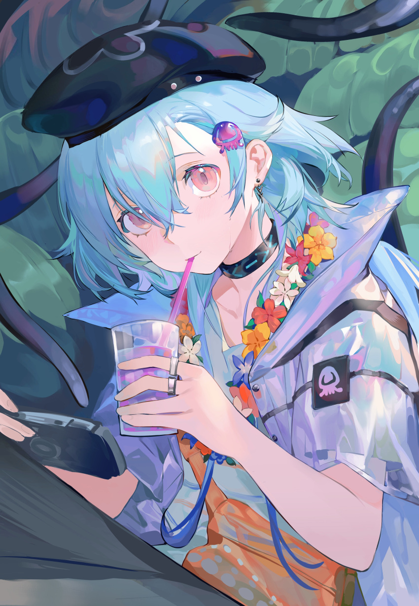 1boy absurdres arknights bangs beret bingansuan_jiamouren black_choker black_headwear blue_flower blue_hair choker closed_mouth commentary_request cup drink drinking_straw flower hair_between_eyes handheld_game_console hat highres holding holding_cup iei jacket looking_at_viewer male_focus mizuki_(arknights) open_clothes open_jacket red_eyes red_flower shirt short_sleeves smile solo tentacles upper_body white_flower white_jacket white_shirt yellow_flower