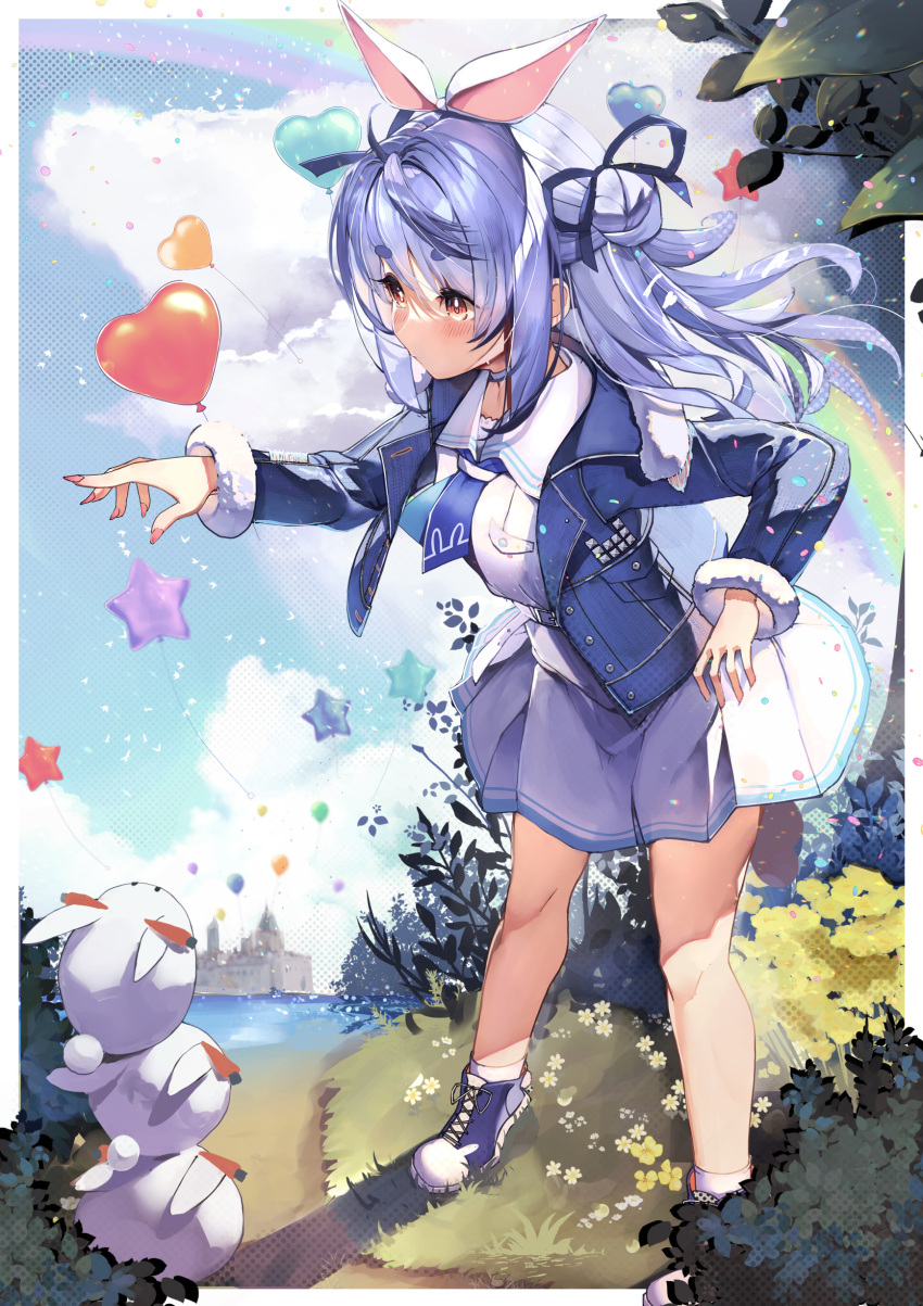 1girl absurdres animal_ears balloon bangs blue_hair blue_jacket blue_ribbon day floating_hair full_body fur_trim grass hair_ribbon haruhina_purple heart_balloon highres hololive jacket long_hair long_sleeves nousagi_(usada_pekora) open_clothes open_jacket outdoors plant rabbit_ears rabbit_girl red_eyes ribbon shirt shoes short_eyebrows skirt standing star_balloon thick_eyebrows tied_ears usada_pekora virtual_youtuber white_shirt white_skirt