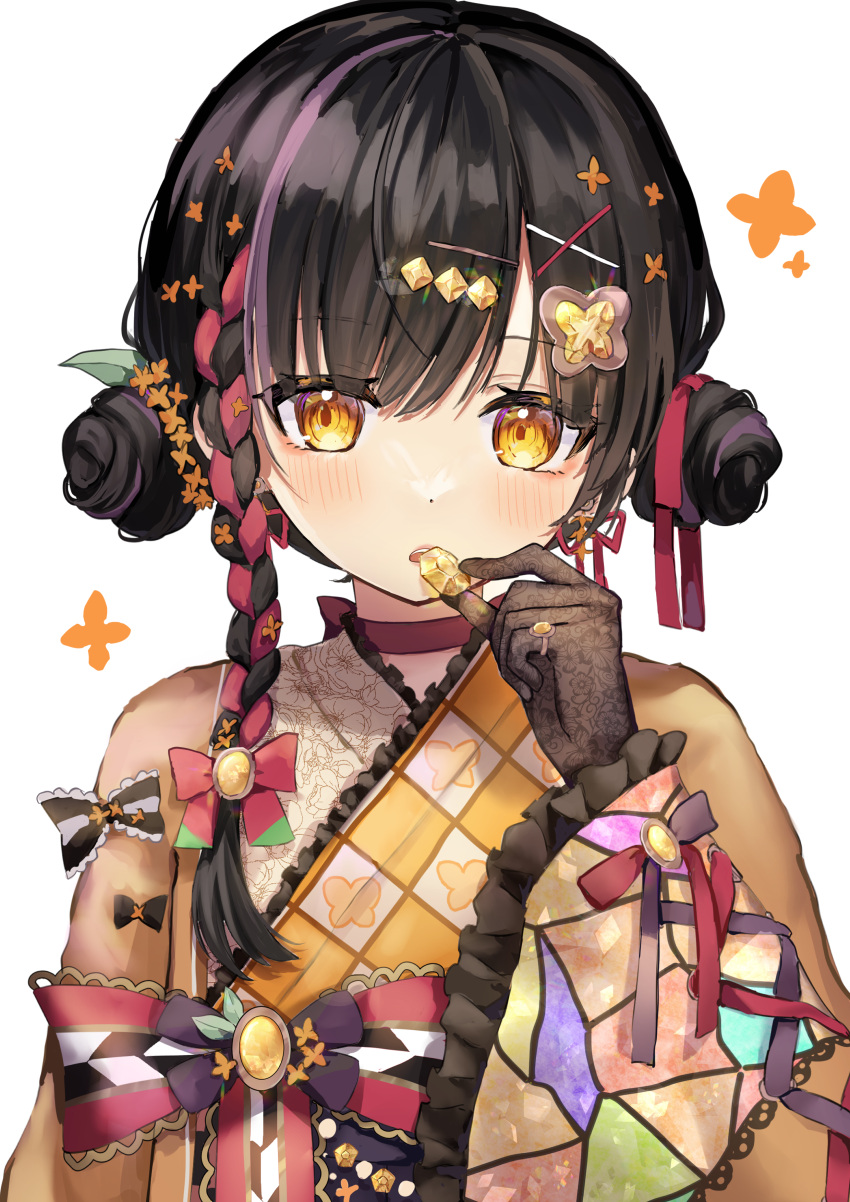 1girl absurdres asymmetrical_hair black_gloves black_hair blush braid braided_sidelock choker double_bun earrings flower frilled_kimono frills gem gloves gold_osmanthus hair_bun hair_flower hair_ornament highres holding japanese_clothes jewelry kimono medium_hair orange_kimono original osmanthus parted_lips pinky_ring red_choker red_ribbon ribbon ribbon_braid ring ririru simple_background single_sidelock solo upper_body white_background x_hair_ornament yellow_eyes yellow_gemstone