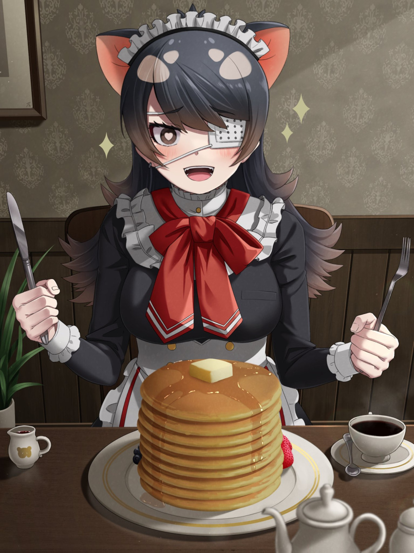 1girl :d animal_ears apron australian_devil_(kemono_friends) bangs black_hair blush breasts brown_eyes butter commentary cup deku_suke excited extra_ears eyepatch flipped_hair food fork frills fruit heart heart-shaped_pupils highres holding holding_fork holding_knife indoors japari_symbol kemono_friends knife long_hair long_sleeves maid maid_headdress medical_eyepatch medium_breasts one_eye_covered open_mouth pancake pancake_stack plate smile solo sparkle spoon steam straight-on strawberry symbol-shaped_pupils tasmanian_devil_ears teacup waist_apron