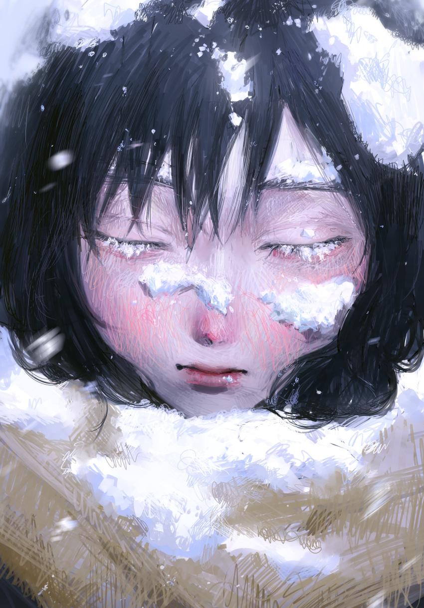 1girl absurdres bangs black_hair blush brown_scarf closed_eyes closed_mouth eyelashes faux_traditional_media full-face_blush hair_between_eyes hatena_(nazequestion) highres lips nose_blush original pink_lips scarf snow snow_on_body snow_on_face snow_on_head snowing winter