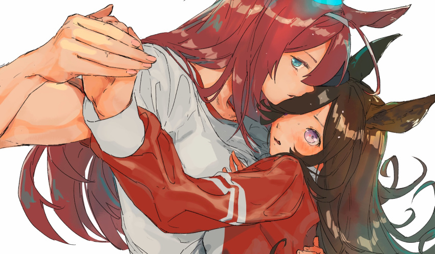 2girls animal_ears bangs blush brown_hair green_eyes hair_over_one_eye hand_on_another's_back highres holding_hands horse_ears jacket long_hair long_sleeves looking_at_viewer mihono_bourbon_(umamusume) multiple_girls outstretched_arm parted_lips red_jacket rice_shower_(umamusume) shirt short_sleeves tanahashi_beiko track_jacket umamusume upper_body violet_eyes white_background white_shirt yuri