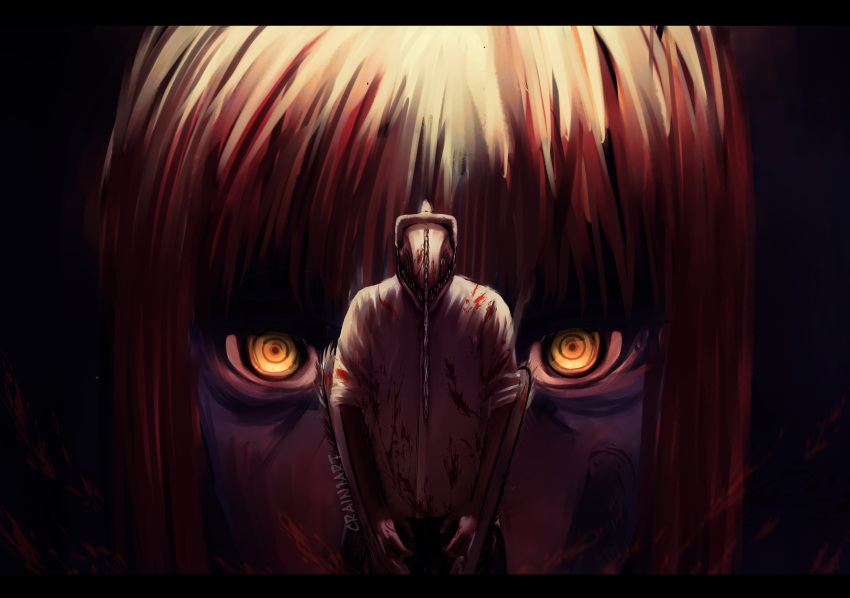 1boy 1girl absurdres artist_name black_background blood blood_on_clothes chainsaw chainsaw_man crain1art dark dark_background denji_(chainsaw_man) facing_down highres hybrid jewelry letterboxed looking_at_viewer makima_(chainsaw_man) medium_hair redhead ring shirt sidelocks sleeves_rolled_up white_shirt yellow_eyes