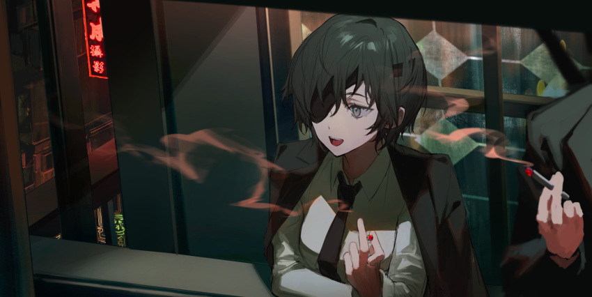 1girl absurdres black_hair black_jacket black_necktie breasts chainsaw_man cigarette collared_shirt dark es-ther eyepatch formal highres himeno_(chainsaw_man) holding holding_cigarette jacket jacket_on_shoulders medium_breasts necktie night open_mouth out_of_frame shirt short_hair sign solo_focus suit white_shirt