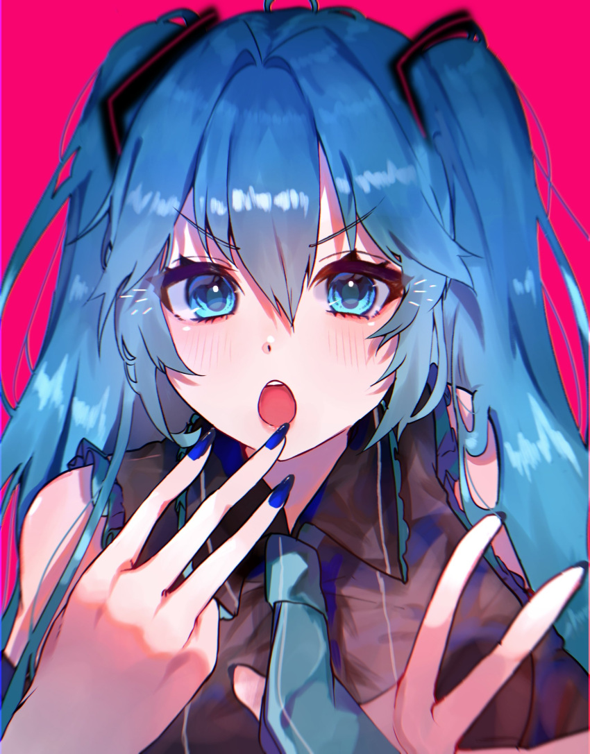 1girl absurdres bangs black_shirt black_sleeves blue_eyes blue_hair blue_nails blue_necktie blush breasts chestnut_mouth commentary_request detached_sleeves hair_between_eyes hair_intakes hair_ornament hatsune_miku highres looking_at_viewer medium_breasts nadhia_14 nail_polish necktie open_mouth portrait red_background shirt simple_background sleeveless sleeveless_shirt solo_focus teeth twintails upper_teeth vocaloid
