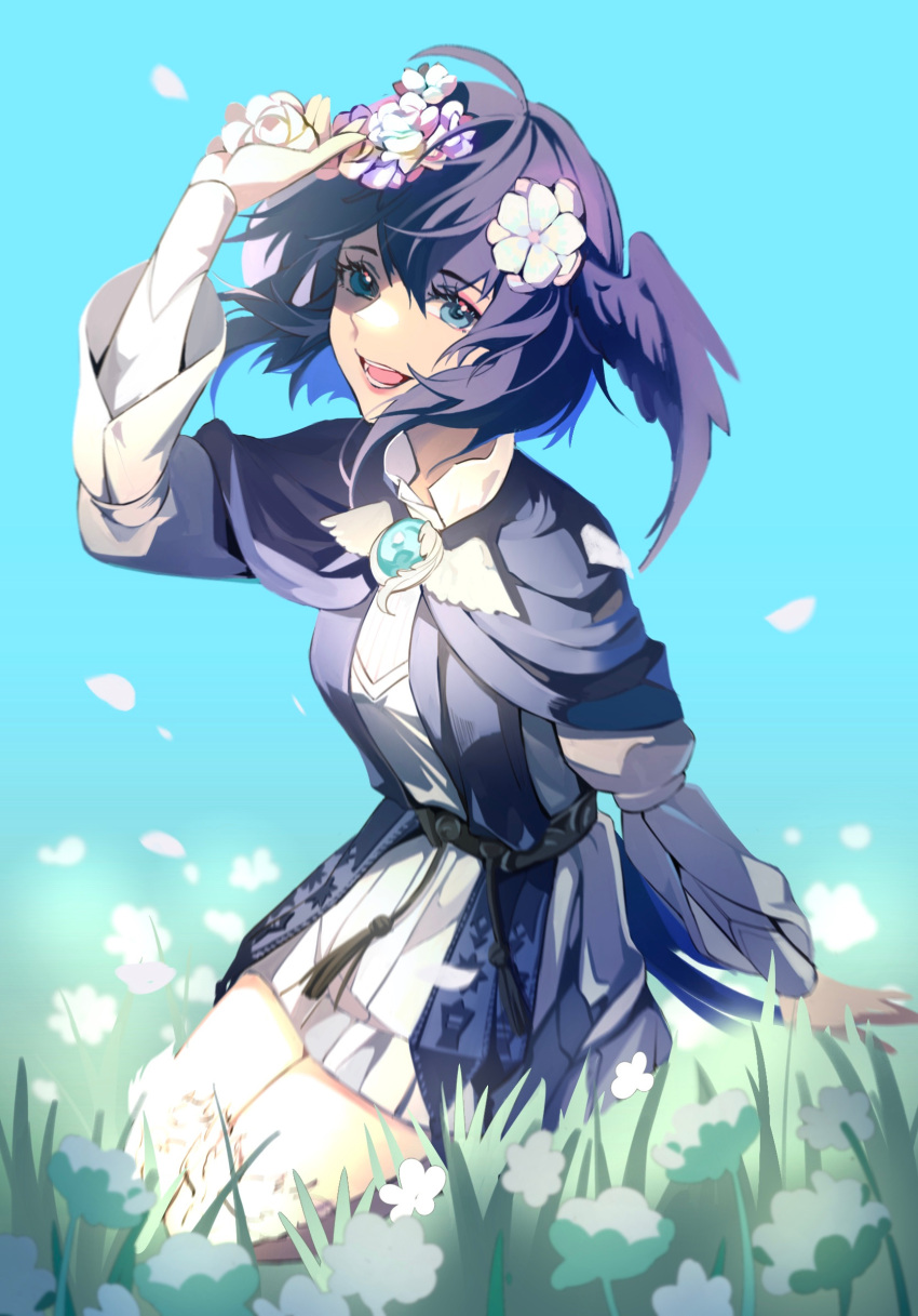 1girl :d ahoge arm_up bangs bird_girl bird_tail bird_wings blue_capelet blue_eyes blue_gemstone blue_hair blue_sky brooch capelet chinese_commentary clear_sky collared_dress commentary_request day dress eyes_visible_through_hair falling_petals feathered_wings final_fantasy final_fantasy_xiv floating_hair flower from_side full_body gem grass hair_flower hair_ornament happy head_wings highres holding holding_flower jewelry looking_at_viewer meteion on_grass open_mouth outdoors petals sakashima3 seiza short_hair sitting sky smile solo tail tassel white_dress white_flower wings
