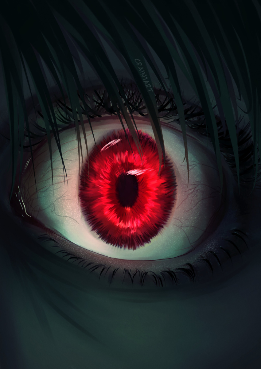 1boy absurdres artist_name bangs close-up crain1art dark eye_focus eyelashes highres hunter_x_hunter kurapika looking_at_viewer red_eyes solo