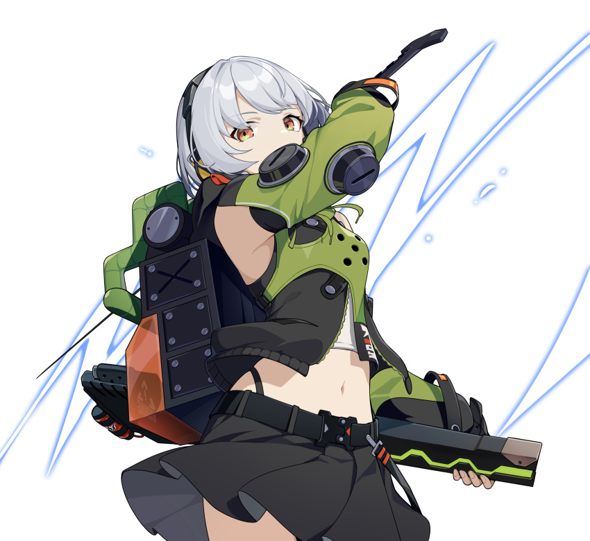 1girl absurdres anby_demara backpack bag bangs bare_shoulders black_skirt crop_top green_jacket grey_hair headphones highres holding holding_sheath holding_sword holding_weapon jacket long_sleeves looking_at_viewer midriff navel orange_eyes sheath short_hair simple_background skirt solo sword wawako_mama weapon white_background zenless_zone_zero