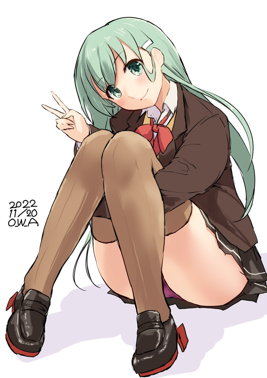1girl aqua_eyes aqua_hair artist_name ascot black_footwear blazer brown_jacket brown_skirt brown_thighhighs cardigan dated hair_ornament hairclip highres jacket kantai_collection legs_together long_hair long_sleeves looking_at_viewer mary_janes neckerchief open_cardigan open_clothes owa_(ishtail) pleated_skirt school_uniform shoes simple_background skirt smile solo suzuya_(kancolle) suzuya_kai_ni_(kancolle) thigh-highs v