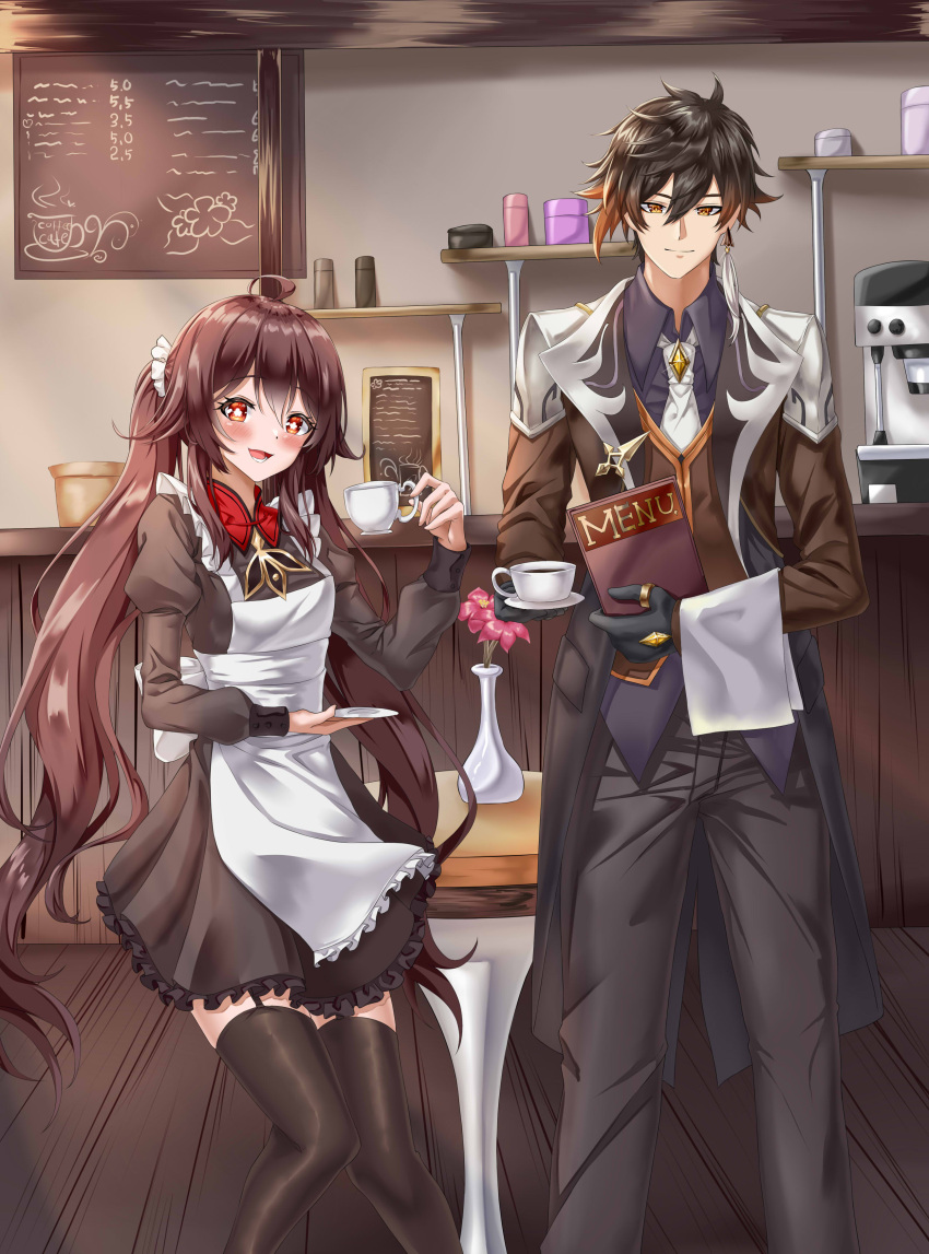 1boy 1girl absurdres apron bangs black_gloves black_hair blush breasts brown_hair coffee_cup collared_shirt colored_tips cup diamond-shaped_pupils diamond_(shape) disposable_cup earrings eyeliner eyeshadow flower-shaped_pupils formal genshin_impact gloves gradient_hair hair_between_eyes highres hoppo hu_tao_(genshin_impact) indoors jacket jewelry korean_commentary long_hair long_sleeves looking_at_viewer lower_teeth maid maid_apron makeup menu multicolored_hair necktie open_mouth pants plate red_eyes red_eyeshadow shirt single_earring small_breasts smile star-shaped_pupils star_(symbol) suit symbol-shaped_pupils table tassel tassel_earrings teeth thigh-highs thumb_ring twintails vest waitress white_necktie yellow_eyes zhongli_(genshin_impact)