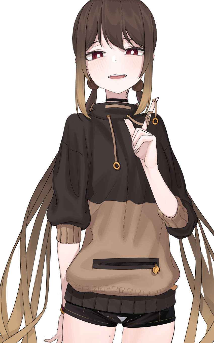 1girl absurdly_long_hair absurdres bangs bintz brown_eyes brown_hair brown_shirt brown_shorts commentary_request cowboy_shot highres long_hair looking_at_viewer low_twintails original shirt shorts simple_background smile solo twintails very_long_hair white_background