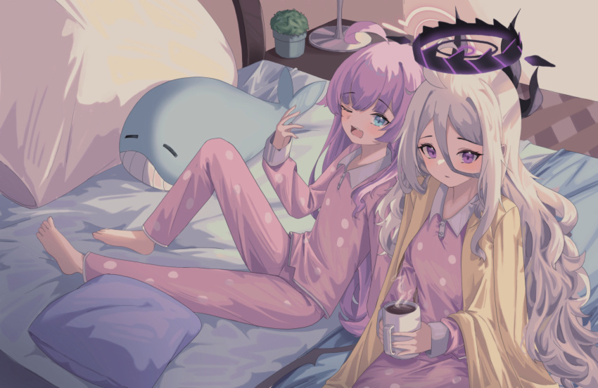 2girls ;o absurdres ahoge bangs barefoot bed bed_sheet blue_archive cake_walker coffee coffee_mug commentary_request cup demon_girl demon_horns demon_wings desk_lamp from_above hair_between_eyes halo highres hina_(blue_archive) holding holding_cup horns hoshino_(blue_archive) lamp long_hair long_sleeves looking_at_viewer looking_up mug multiple_girls official_alternate_costume one_eye_closed pajamas pillow pink_hair pink_pajamas plant polka_dot polka_dot_pajamas potted_plant sidelocks sitting sleepover sleepy steam stuffed_whale toes violet_eyes white_hair wings