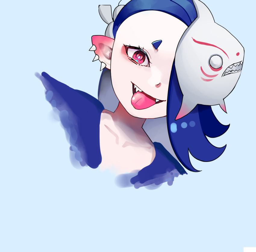 1girl blue_hair hair_over_one_eye highres long_hair octoling octoling_girl one_eye_covered po!son red_eyes shiver_(splatoon) solo spiked_ear_piercing splatoon_(series) splatoon_3 tentacles tongue tongue_out upper_body