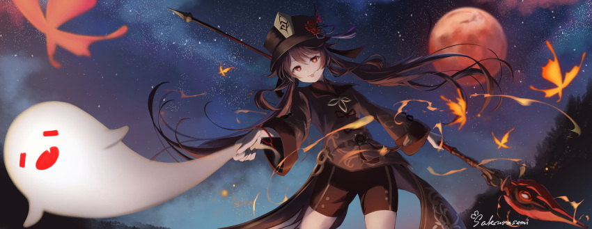 1girl :d bangs bead_bracelet beads black_hair blurry bracelet chinese_clothes commentary_request depth_of_field flower full_moon genshin_impact ghost hair_between_eyes hair_ornament hat hat_flower highres holding holding_polearm holding_weapon hu_tao_(genshin_impact) jewelry long_hair long_sleeves looking_at_viewer moon night night_sky polearm red_eyes red_moon sakura_semi short_shorts shorts sidelocks sky smile spear staff_of_homa_(genshin_impact) star_(sky) starry_sky symbol-shaped_pupils twintails weapon