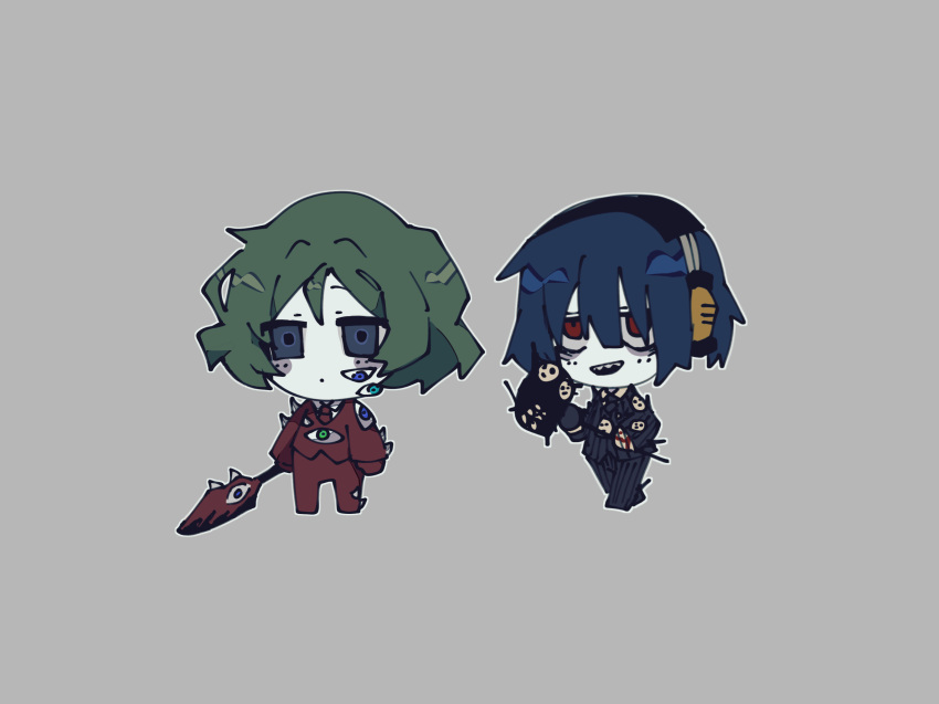 2boys bags_under_eyes bandaged_hand bandages black_jacket black_necktie black_pants blood blue_eyes blue_hair chibi closed_mouth coco_(556ch0cl8) collared_shirt colored_skin commentary_request dark_blue_hair dot_mouth e.g.o_(project_moon) employee_(lobotomy_corporation) formal green_hair grey_background highres holding holding_sword holding_weapon jacket lobotomy_corporation looking_at_viewer male_focus multiple_boys necktie open_mouth pants project_moon red_eyes red_jacket red_necktie red_pants sanpaku sharp_teeth shirt short_hair simple_background smile suit sword teeth weapon white_shirt white_skin