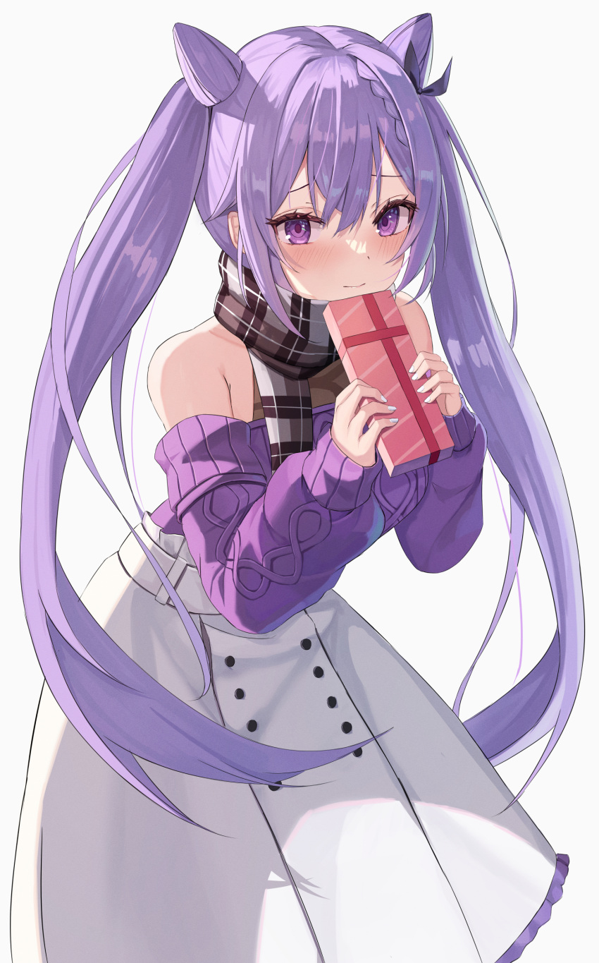 1girl absurdres bangs blush box commentary_request cone_hair_bun contemporary detached_sleeves double_bun genshin_impact gift gift_box hair_between_eyes hair_bun highres holding holding_gift i_ruru keqing_(genshin_impact) keqing_(lantern_rite)_(genshin_impact) long_hair long_sleeves looking_at_viewer official_alternate_costume plaid plaid_scarf purple_hair ribbed_sweater scarf sidelocks simple_background solo sweater twintails violet_eyes white_background