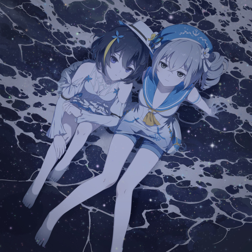 2girls absurdres bangs bare_shoulders barefoot beach beret blue_eyes blue_hair blue_headwear bronya_zaychik bronya_zaychik_(valkyrie_chariot) closed_mouth dress drill_hair from_above grey_eyes grey_hair hat highres honkai_(series) honkai_impact_3rd long_sleeves multiple_girls neckerchief rafaelaaa sailor_collar seele_vollerei seele_vollerei_(swallowtail_phantasm) short_hair sundress swimsuit toes water waves white_dress white_headwear yellow_neckerchief