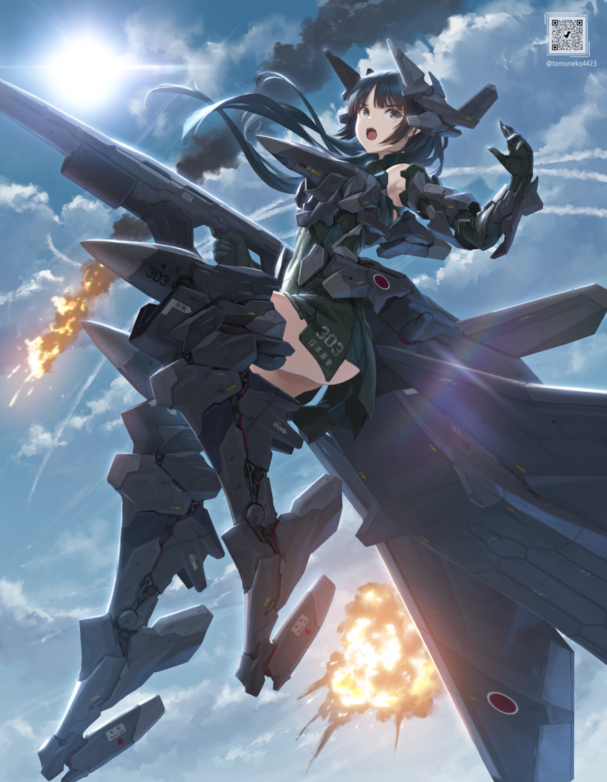 1girl :o bare_shoulders battle black_hair black_skirt boots check_copyright clouds cloudy_sky commentary_request copyright_request elbow_gloves explosion flying gloves grey_eyes gun highres holding holding_gun holding_weapon long_hair mecha_musume open_mouth personification qr_code rifle sentou_yousei_yukikaze skirt sky solo sun teeth thigh_boots tom-neko_(zamudo_akiyuki) upper_teeth weapon
