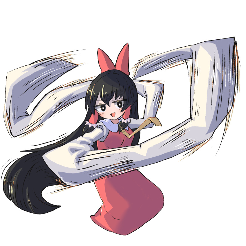 1girl bangs black_eyes black_hair blush bow bright_pupils collared_dress commentary_request cookie_(touhou) dress frilled_hair_tubes frills full_body hair_bow hair_tubes hakurei_reimu highres hotaruda_(cookie) long_hair necktie open_mouth psychic_parrot red_bow red_dress simple_background sleeveless sleeveless_dress sleeves_past_fingers sleeves_past_wrists smile solo touhou transparent_background white_pupils white_sleeves yellow_necktie