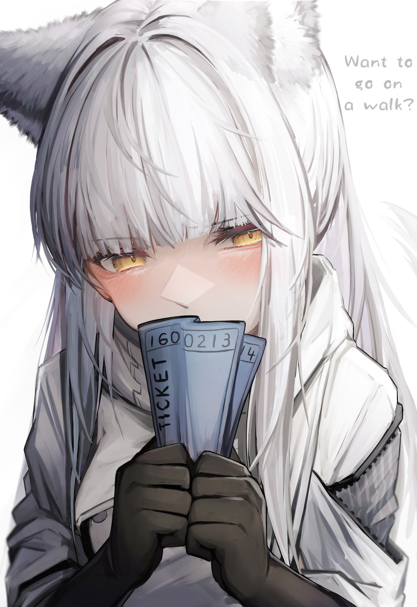 1girl absurdres animal_ears arknights bangs black_gloves blunt_bangs blush embarrassed english_text gloves highres holding_ticket jacket long_hair looking_to_the_side platinum_(arknights) simple_background solo tab_head ticket upper_body white_background white_hair white_jacket yellow_eyes