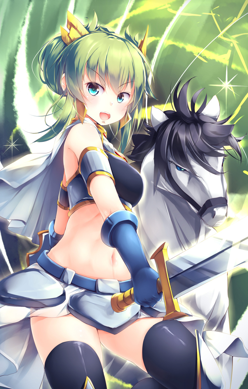 1girl absurdres bare_shoulders black_thighhighs blue_eyes blush breasts commentary duel_monster elbow_gloves glint gloves green_background green_hair hair_bun hair_ornament highres holding holding_weapon horse kanzakietc midriff miniskirt navel open_mouth sidelocks skirt solo sword thigh-highs v-shaped_eyebrows valkyrie_vierte weapon yu-gi-oh!