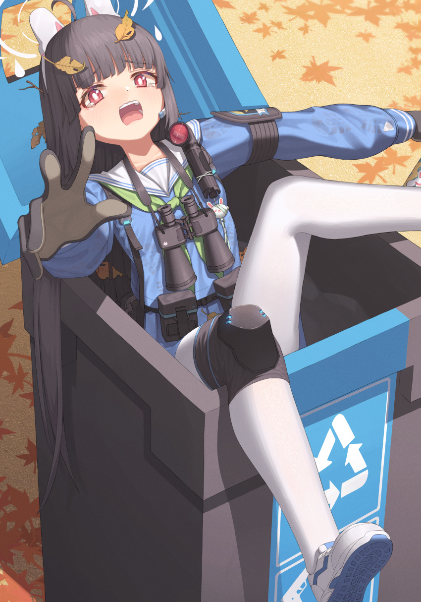 1girl absurdres ahoge animal_ears bangs binoculars bintz bird black_gloves black_hair blue_archive blunt_bangs clothes_lift commentary_request fake_animal_ears gloves hairband highres knee_to_chest leaf leaf_on_head legs long_hair long_sleeves looking_at_viewer lying miyu_(blue_archive) pantyhose pleated_skirt rabbit_ears recycle_bin red_eyes school_uniform serafuku sidelocks skirt skirt_lift tearing_up toes white_pantyhose