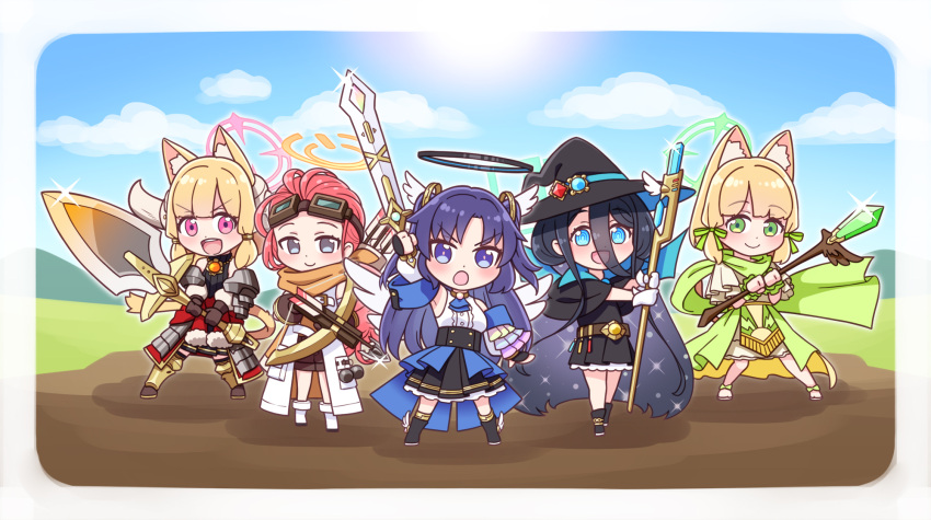 5girls :d :o animal_ear_fluff animal_ears aris_(blue_archive) armored_boots arrow_(projectile) bangs bare_shoulders black_capelet black_dress black_footwear black_gloves black_hair black_headwear black_skirt blonde_hair blue_archive blue_eyes blue_sky boots breasts brown_shorts capelet chibi closed_mouth clouds coat commentary_request crossbow day detached_sleeves dress fingerless_gloves gem glint gloves goggles goggles_on_head green_eyes green_ribbon grey_eyes hair_between_eyes hair_ribbon halo harada_(sansei_rain) hat highres holding holding_crossbow holding_staff holding_sword holding_weapon kemonomimi_mode long_hair long_sleeves medium_breasts midori_(blue_archive) momoi_(blue_archive) multiple_girls outdoors pink_eyes pleated_dress pleated_skirt puffy_long_sleeves puffy_sleeves purple_hair quiver redhead ribbon ringed_eyes shirt shoes short_shorts shorts siblings sidelocks sisters skirt sky sleeveless sleeveless_shirt smile staff sword twins two_side_up v-shaped_eyebrows very_long_hair violet_eyes weapon weapon_request white_coat white_footwear white_shirt white_sleeves witch_hat yuuka_(blue_archive) yuzu_(blue_archive)