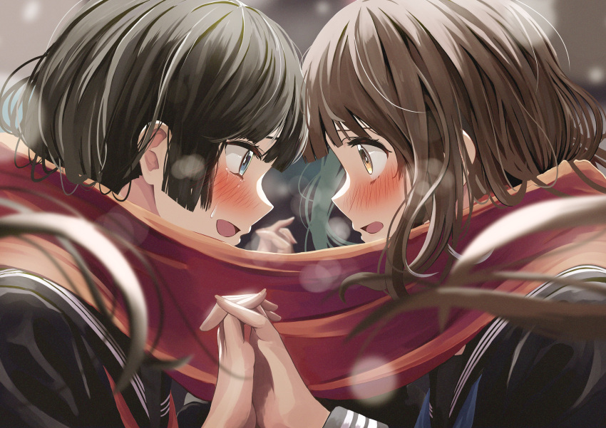 2girls :d absurdres arisugawa_bii black_hair blue_eyes blush brown_eyes brown_hair commentary_request eye_contact from_side highres holding_hands interlocked_fingers looking_at_another multiple_girls original red_scarf scarf school_uniform shared_clothes shared_scarf smile tearing_up winter yuri