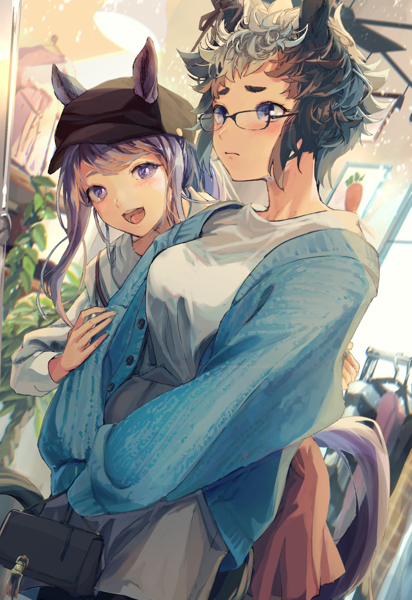 2girls absurdres alternate_costume animal_ears bag bangs bespectacled black_headwear blue_eyes blue_sweater blush breasts brown_hair closed_mouth clothes clothes_rack ears_through_headwear glass glasses grey_shorts handbag hanging_light hat highres horse_ears horse_girl horse_tail indoors long_hair long_sleeves mejiro_mcqueen_(umamusume) mejiro_ryan_(umamusume) multicolored_hair multiple_girls open_mouth orange_skirt plant purple_hair shirt shirt_tucked_in short_hair shorts skirt small_breasts smile standing sweater tail tanahashi_beiko thick_eyebrows two-tone_hair umamusume violet_eyes white_shirt