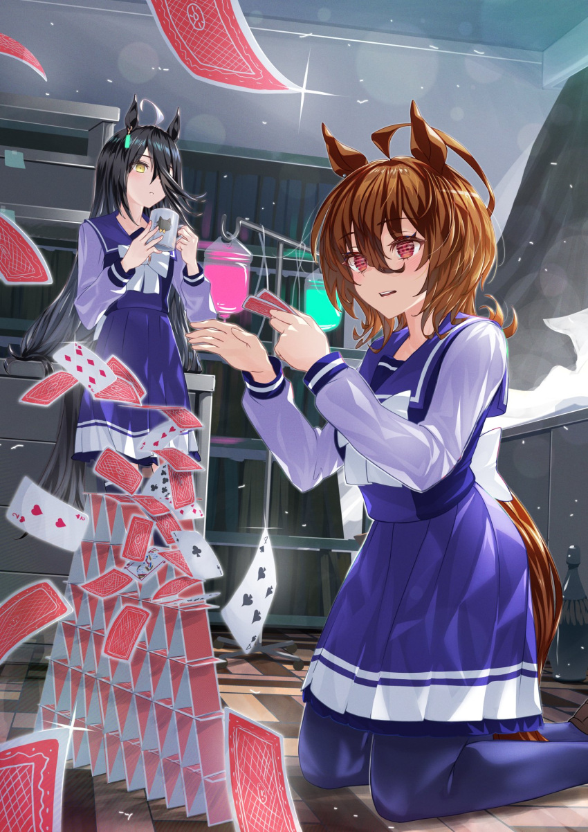 2girls agnes_tachyon_(umamusume) ahoge animal_ears bangs black_hair blush book brown_eyes brown_hair cabinet card closed_mouth cup curtains earrings glint hair_between_eyes highres holding holding_card holding_cup horse_ears horse_girl horse_tail house_of_cards indoors iv_stand jewelry kneeling lens_flare long_hair long_sleeves manhattan_cafe_(umamusume) medium_hair multiple_girls nabe_puyo open_mouth playing_card purple_shirt purple_skirt purple_thighhighs sailor_collar school_uniform shirt single_earring skirt standing tail thigh-highs tracen_school_uniform umamusume wind yellow_eyes