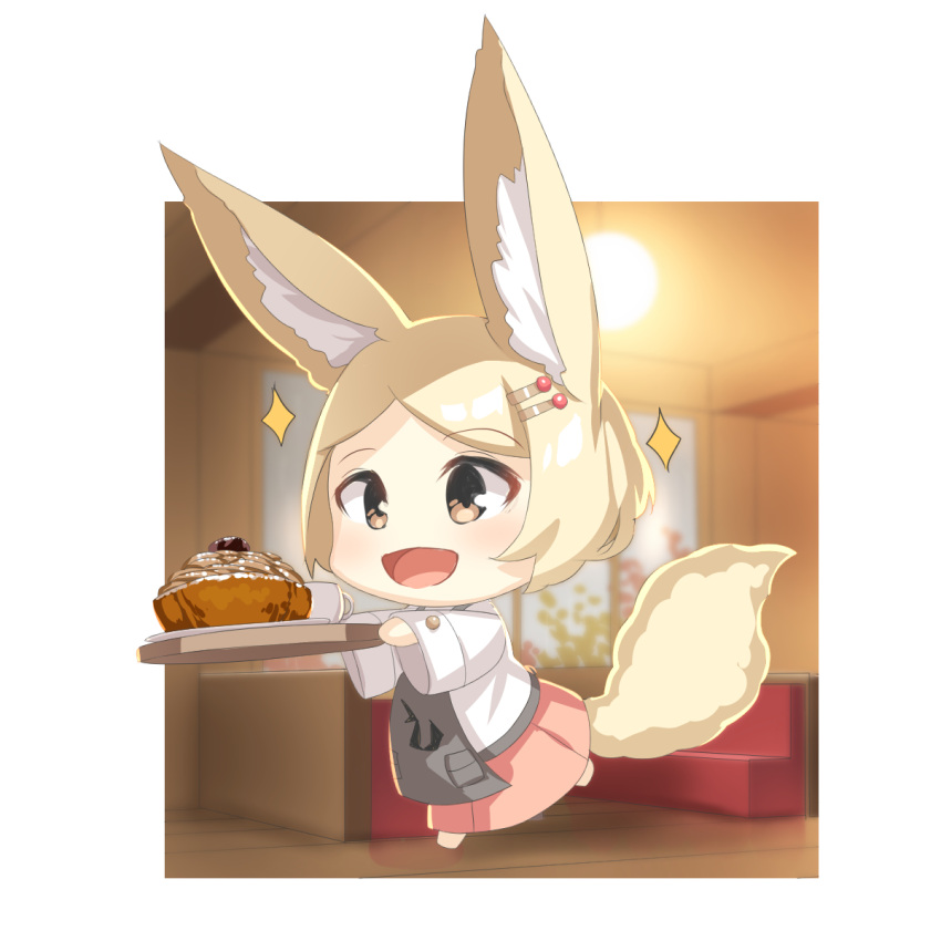 1girl :d animal_ear_fluff animal_ears bangs blonde_hair blurry blurry_background blush brown_eyes commentary_request couch cup depth_of_field food_request fox_ears fox_girl fox_tail hair_ornament hairclip highres holding holding_tray original parted_bangs running smile solo sparkle tail tray wooden_floor yuuji_(yukimimi)