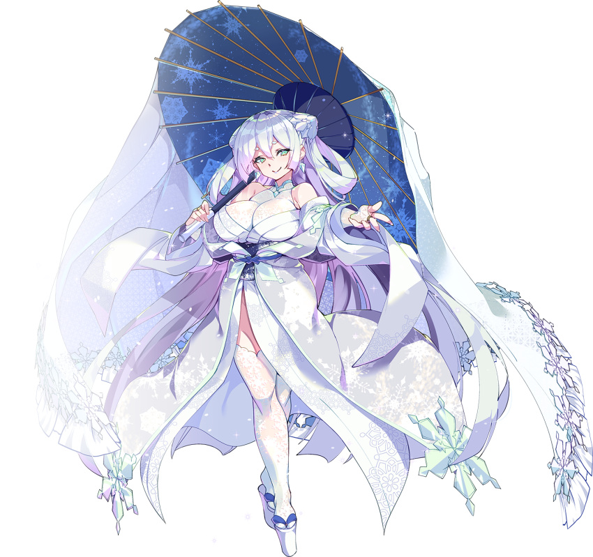 1girl aqua_eyes artist_name bangs breasts copyright_name copyright_request full_body hair_rings highres holding holding_umbrella japanese_clothes kimono large_breasts long_hair photoshop_(medium) platform_footwear smile snowflake_print snowflakes solo standing thigh-highs transparent_background umbrella very_long_hair white_hair white_thighhighs