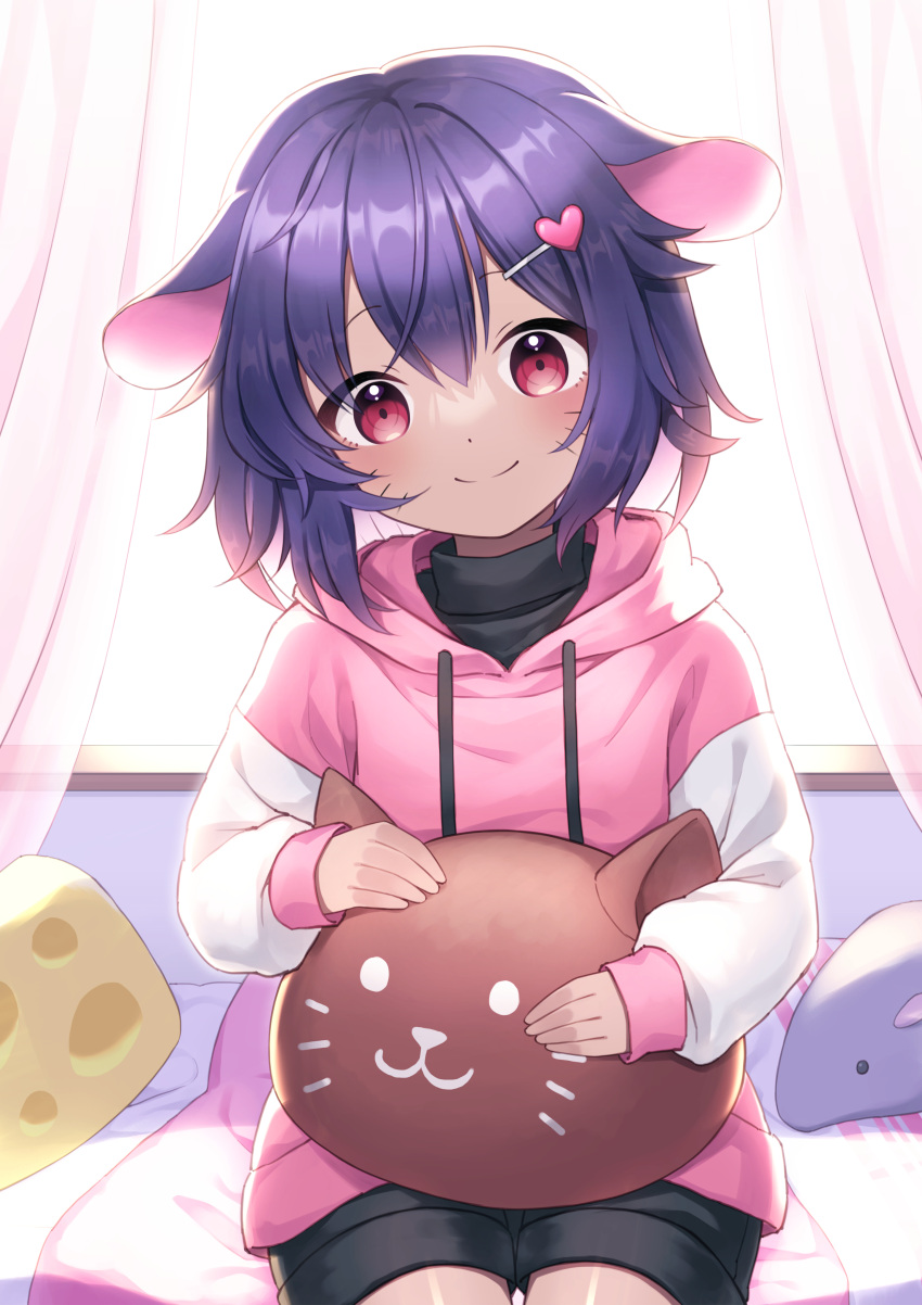 1girl absurdres animal_ears bed blush bow closed_mouth commission curtains dark_skin drawstring facial_mark hair_ornament hairclip highres holding holding_stuffed_toy hood hood_down hoodie indie_virtual_youtuber long_sleeves looking_at_viewer md5_mismatch mouse_ears mouse_girl original pillow purple_hair red_eyes resolution_mismatch short_hair shorts sitting sleeves_past_wrists smile solo source_smaller stuffed_animal stuffed_toy suzuno_naru sweater tail turtleneck yatra_(vtuber)